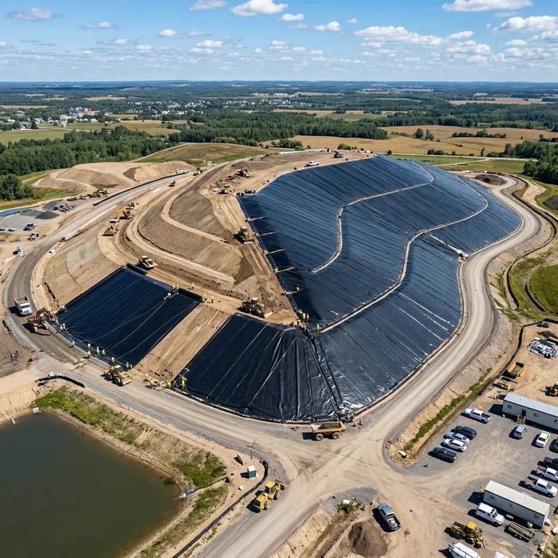 Panoramic view of a modern clean industrial wastewater treatment lagoon lined with highly flexible black LLDPE geomembrane covers under a beautiful clear sky